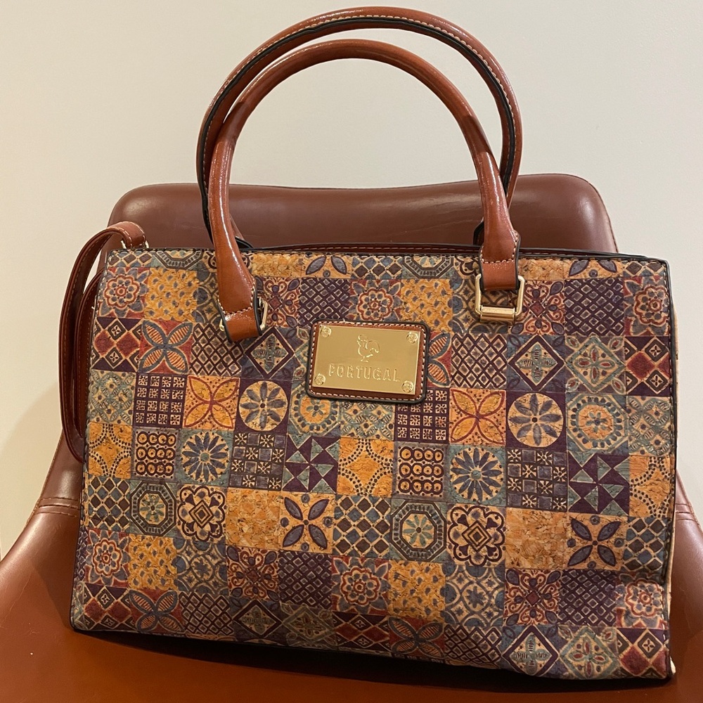 Made in Portugal Vegan Cork Handbag Multicolor Tile Print